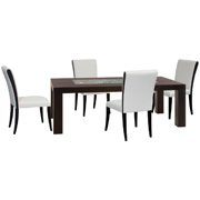 Inch Rectangle Leg Dining Table with Crackled Glass Inset and Four Taupe Bonded Leather Side Chairs