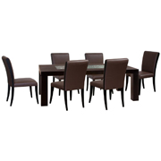 Inch Rectangle Leg Dining Table with Crackled Glass Inset and Six Mocca Bonded Leather Side Chairs