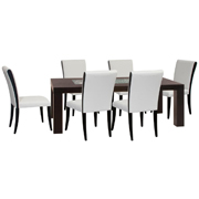 Inch Rectangle Leg Dining Table with Crackled Glass Inset and Six Taupe Bonded Leather Side Chairs