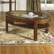 Fashion Trend Oval Glass Top Wood Cocktail Table in Brown Finish